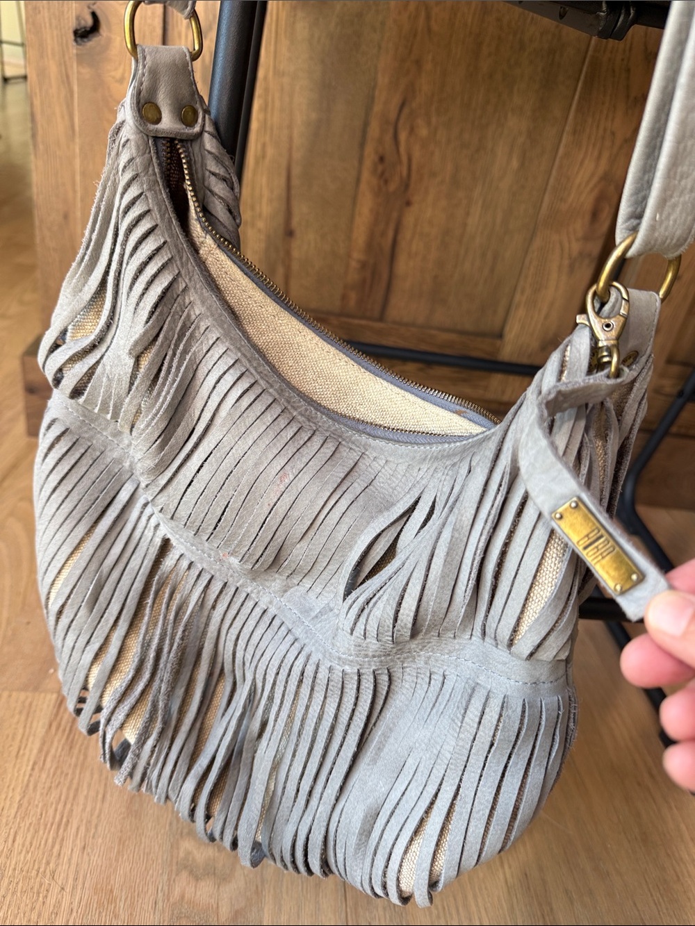 Biba Light Gray Suede Fringe Hobo Bag